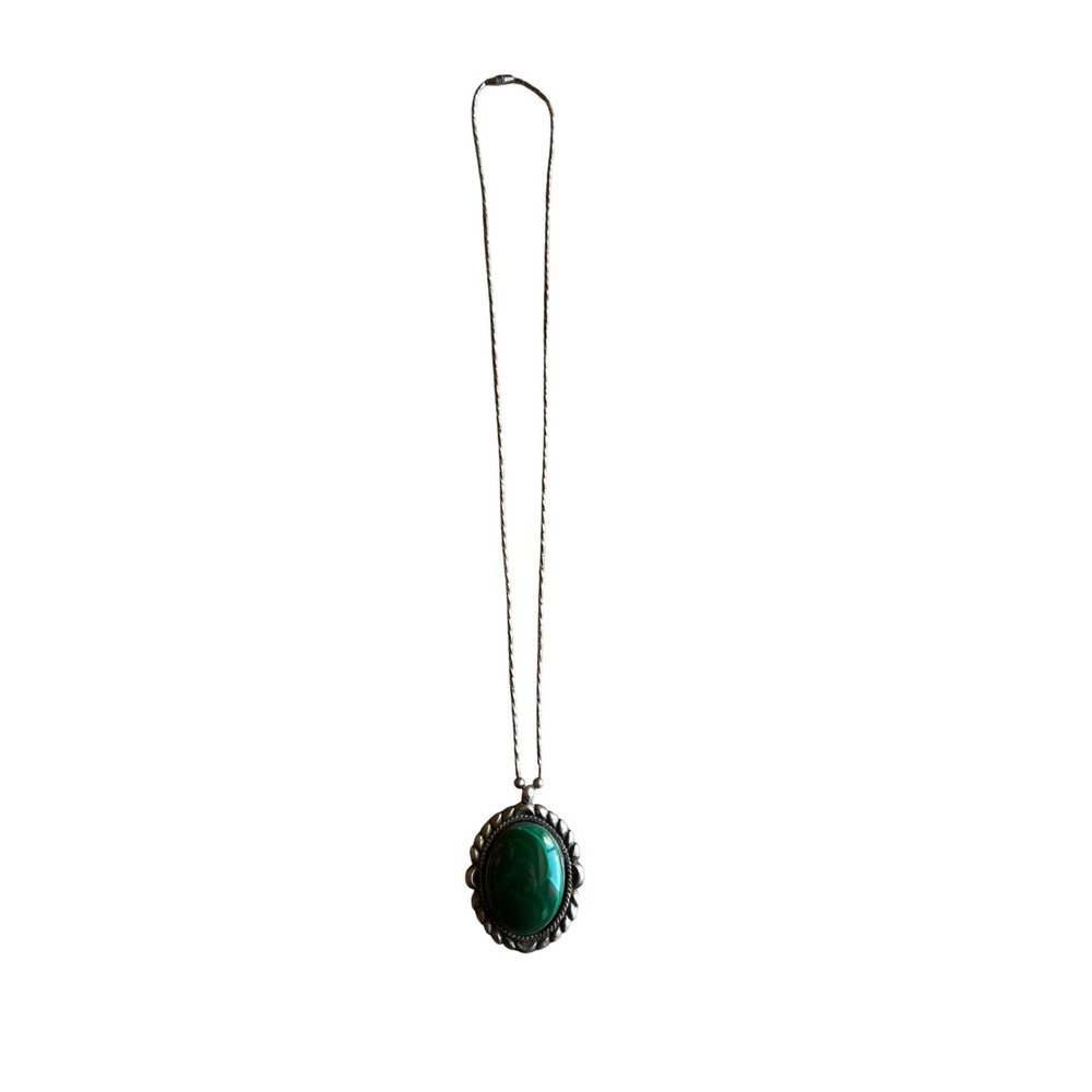 Vintage Sterling Silver Malachite Pendant Necklace Southwestern Liquid Chain